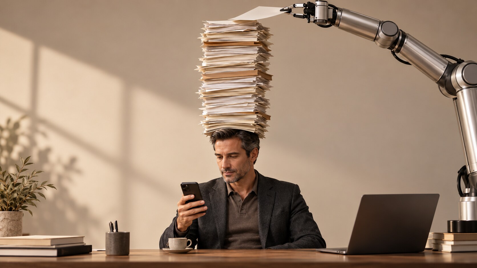 Un professionnel absorbé par son téléphone porte une pile de documents sur la tête, tandis qu’un bras robotique ajoute une feuille.